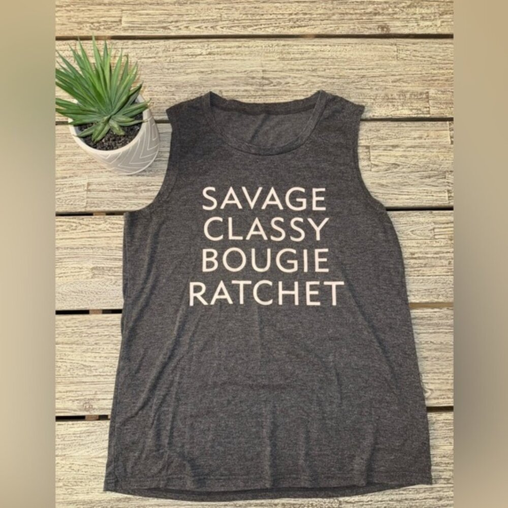 Women's Gray Sleeveless Graphic Top, Loose Fit, Size Medium